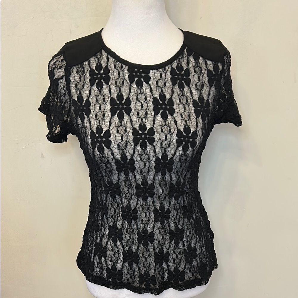 MβM Couture Elegant Black Sheer Lace Short sleeve blouse Size XS EUC